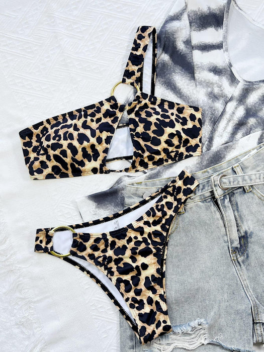 Leopard Print Cutout One-Shoulder Bikini Set