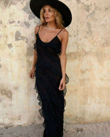 Romantic Ruffle Straps: Backless Maxi Dress with Elegant Side Slit