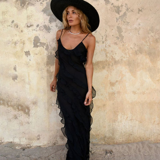 Ruffles of Elegance: Backless Maxi Dress with Side Slit