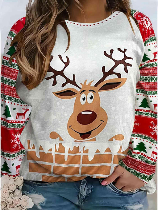 Holiday Season Plus Size Reindeer Print Long Sleeve Top