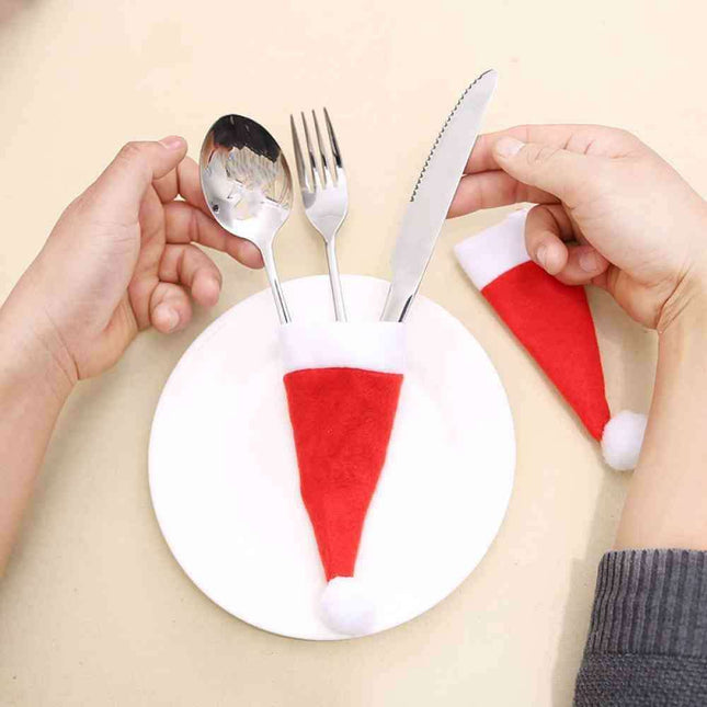 Festive Flannel Santa Hat Cutlery Holders - Complete Set for Holiday Celebrations