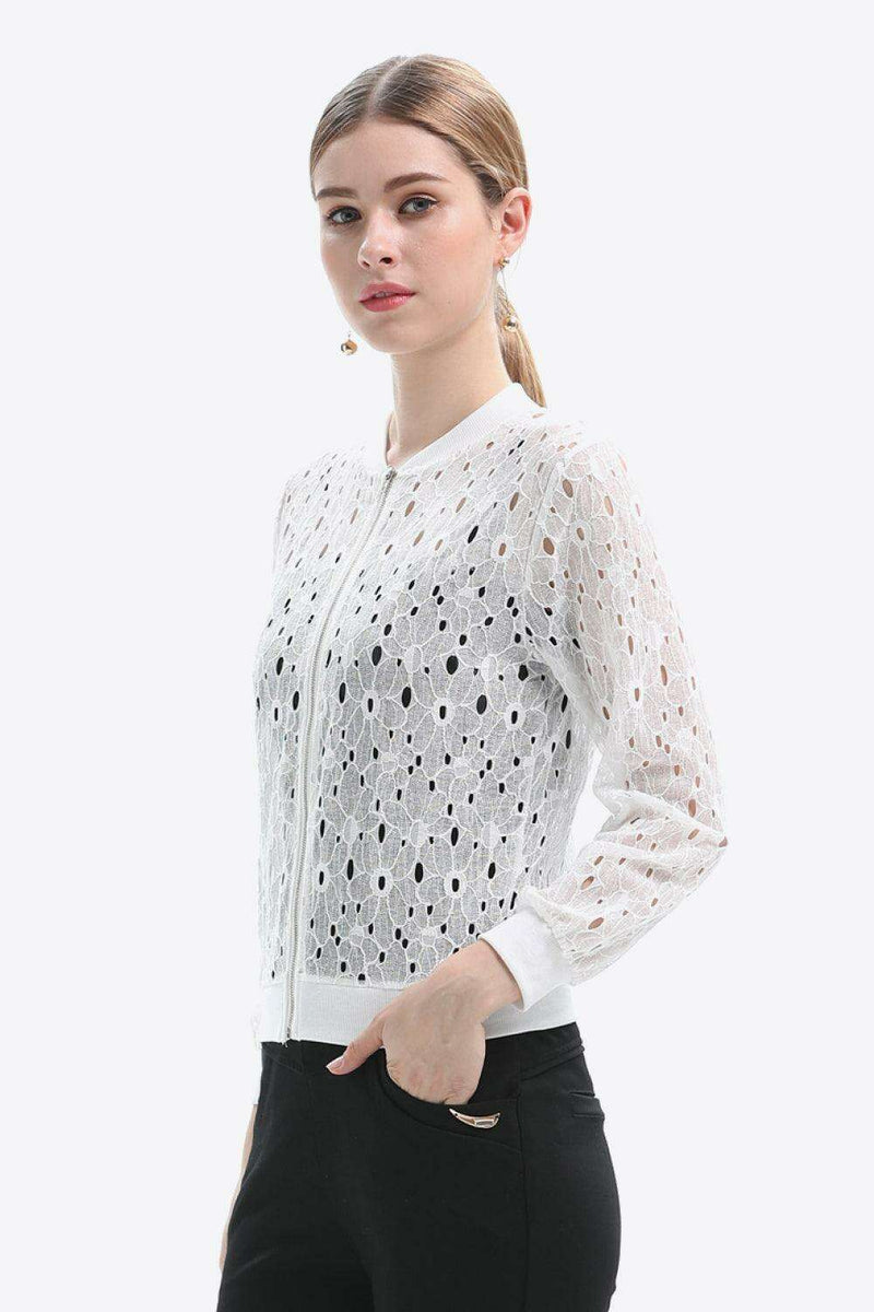 Chic Lace-Detail Zip Jacket for Effortless Elegance