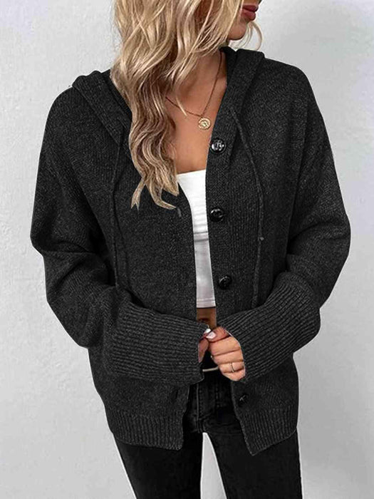 Chic Hooded Cardigan with Button-Up Front and Drawstring - Stylish Comfort Choice