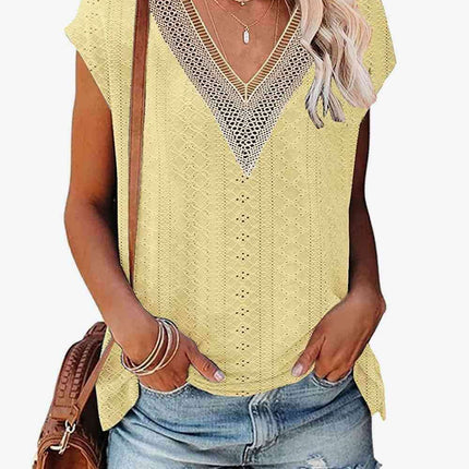 Elegant Eyelet Chevron V-Neck Tee with Stylish Openwork Design