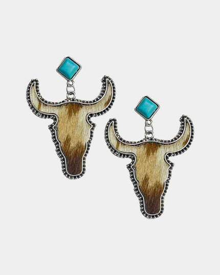 Turquoise Bull Drop Earrings with Cowhide and Alloy