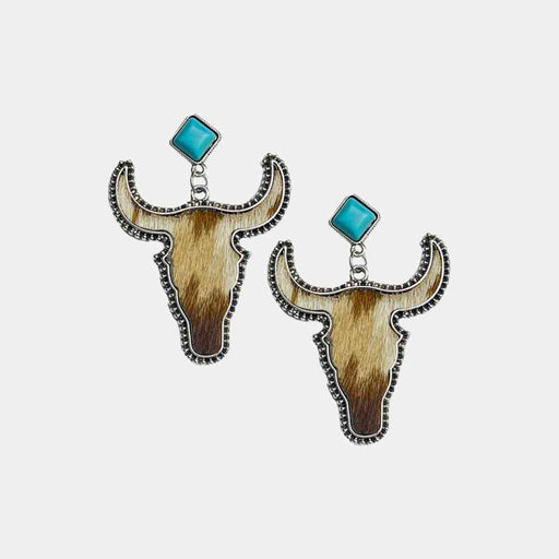 Turquoise Bull Statement Earrings with Cowhide and Alloy