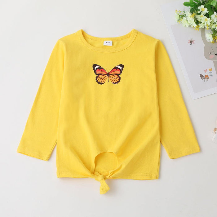 Butterfly Graphic Casual Tee with Round Neck and Long Sleeves for Children