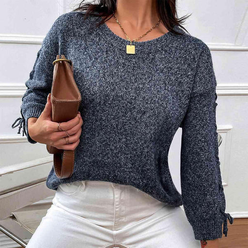 Cozy Knit Round Neck Sweater with Lace-Up Detail