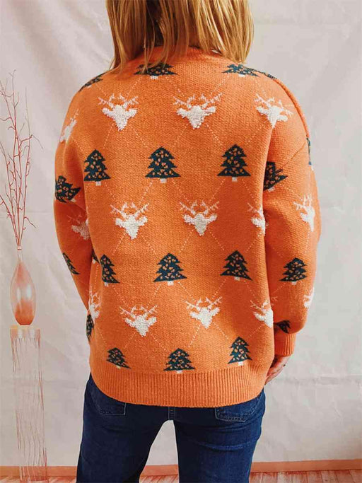 Festive Reindeer Print Knit Sweater for a Cozy Holiday Look