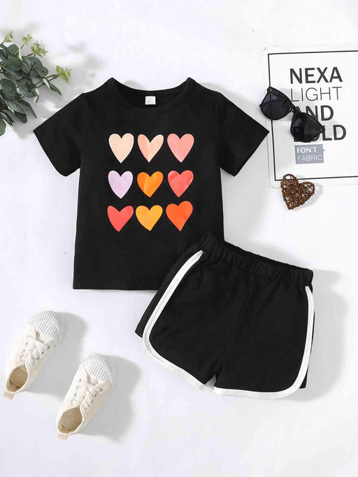 Kids' Heart Print Tee and Side Stripe Shorts Set
