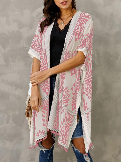 Printed Sheer Fringe Trim Cardigan with Open Front