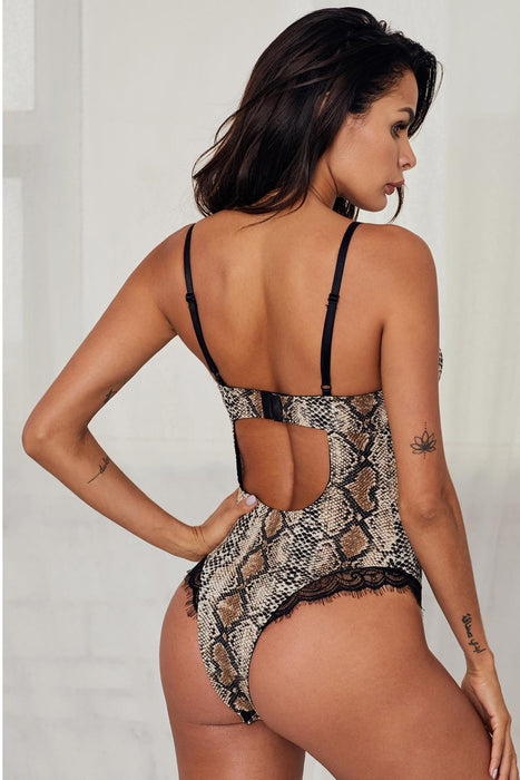 Leopard Print Lace Detail Backless Teddy