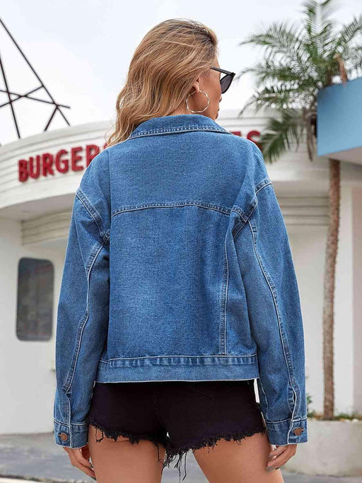 Chic Collared Denim Jacket with Pockets and Dropped Shoulders