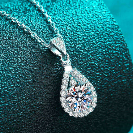 Elegant Lab-Diamond Teardrop Silver Pendant Necklace