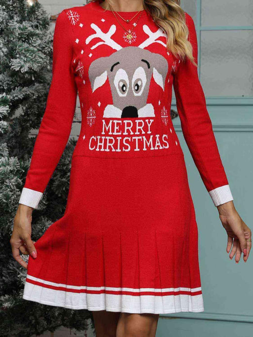 Cheerful Holiday Pleated Sweater Dress