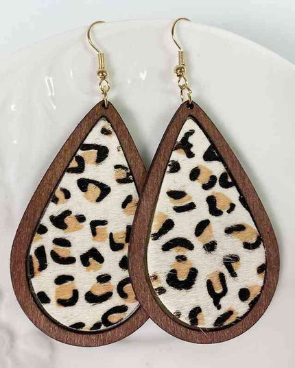 Rustic Elegance Cowhide Leather and Wood Teardrop Earrings - Bold Western-Inspired Statement Accessories