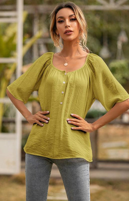 Square Neck Pleated Tunic Blouse with Raglan Sleeves - Women's Fashion Essential