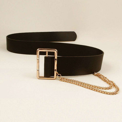 Stylish Chain-Detail Wide PU Leather Waist Belt