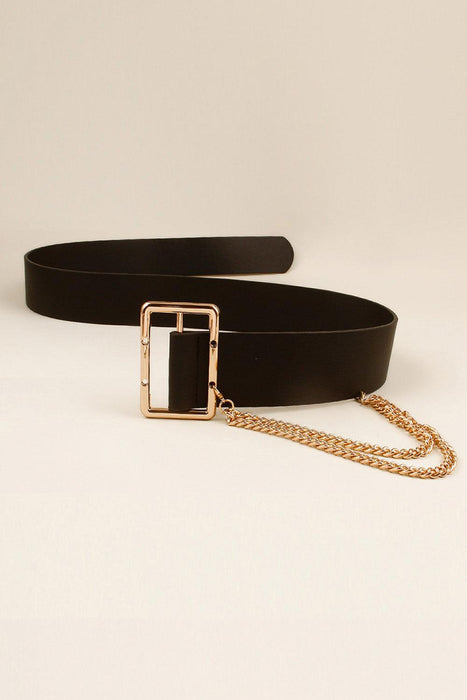 Stylish Chain-Embellished Wide Belt in Faux Leather