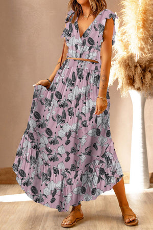 Printed Tie Back Cropped Top and Maxi Skirt Set-Trendsi-Blush Pink-S-Très Elite