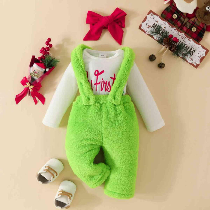 Baby's First Christmas Festive Outfit Set with Graphic Bodysuit, Overalls, and Headband for a Merry Celebration