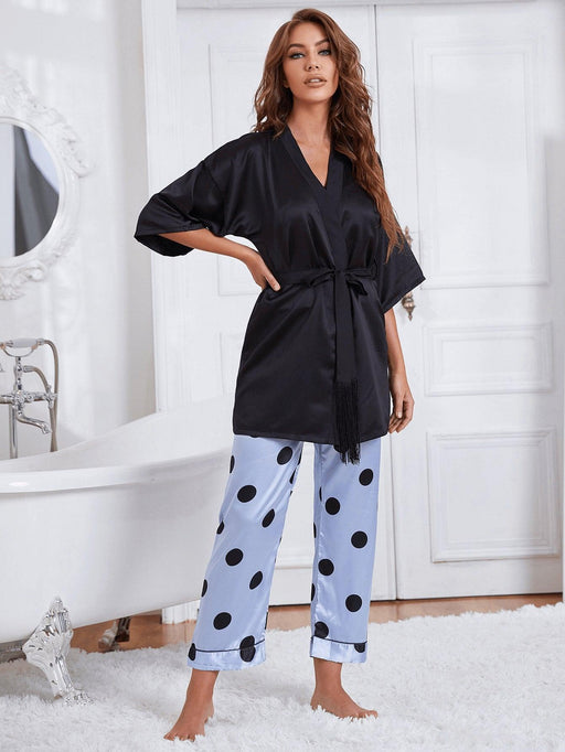 Luxe Satin Lace Trim Polka Dot and Floral Pajama Set with Robe