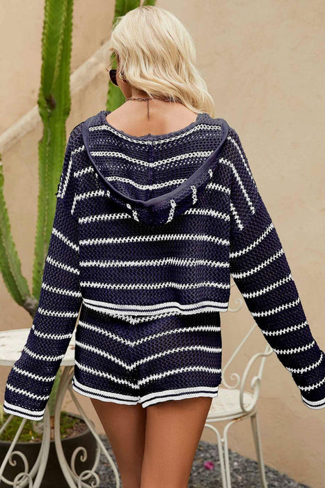 Striped Mesh Knit Hooded Top and Shorts Set