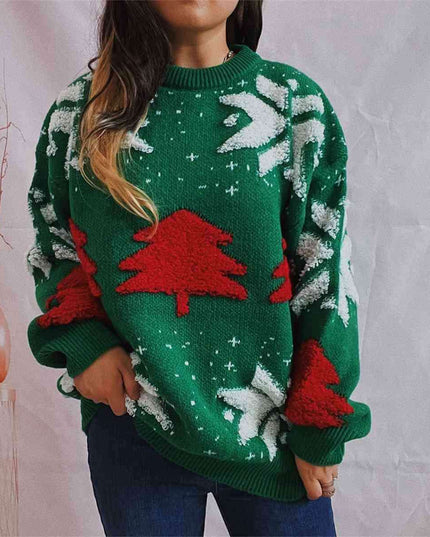 Festive Cozy Snowflake Long Sleeve Sweater with Round Neck