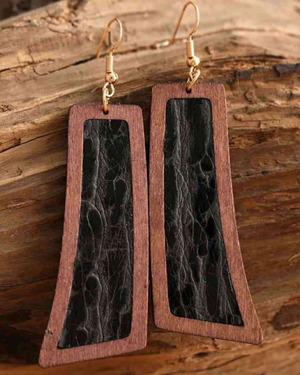 Rustic Western Wood and Leather Geometric Dangle Earrings