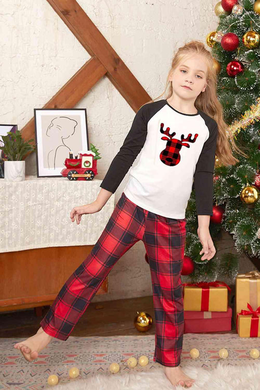 Reindeer Graphic Top and Plaid Pants Set Trendsi