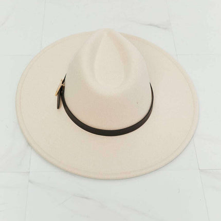Elegant Beige Fedora Hat with Black Faux Leather Band and Gold Accent
