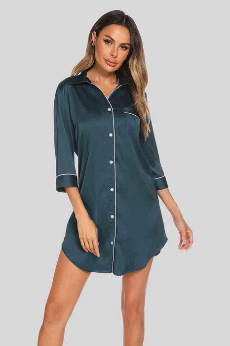 Cozy Button-Up Nightgown with Collared Neck and Pocket - Soft and Elegant Loungewear