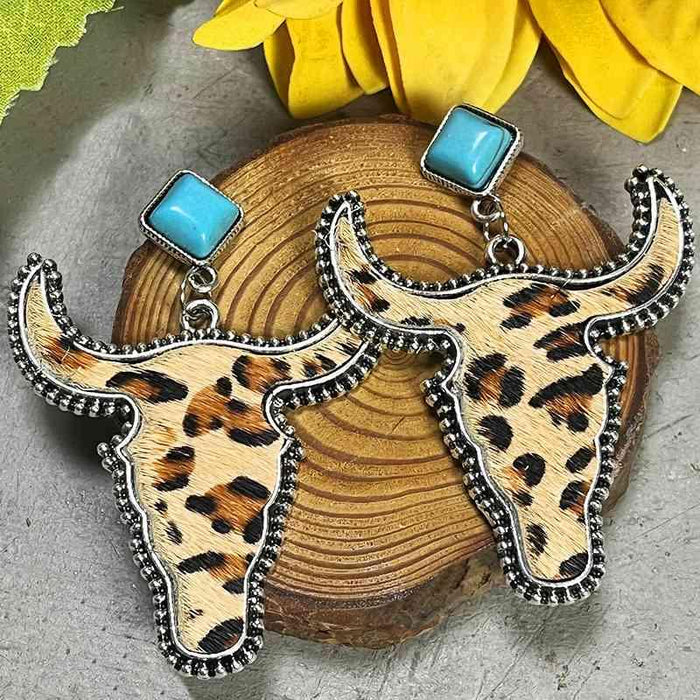 Turquoise Bull Dangle Earrings with Cowhide and Alloy