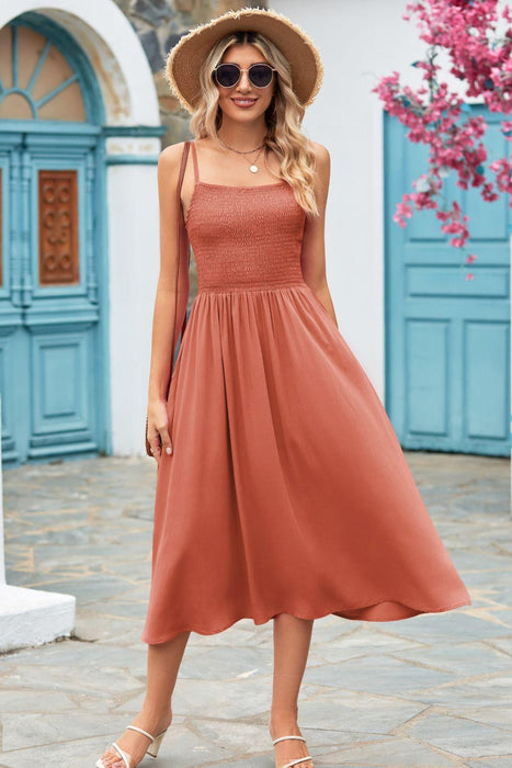 Sophisticated Smocked Midi Dress with Square Neckline and Spaghetti Straps
