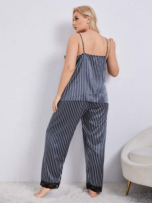 Luxurious Satin Vertical Stripe Plus Size Pajama Set with Lace Trim