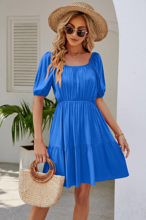 Sophisticated Square Neck Puff Sleeve Mini Dress with Ruched Detailing