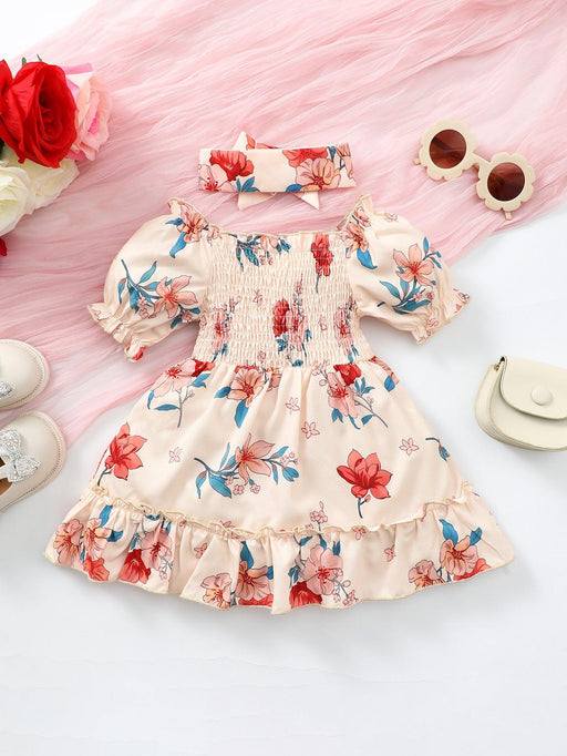 Floral Elegance Off-Shoulder Baby Dress with Smocked Frill Trim
