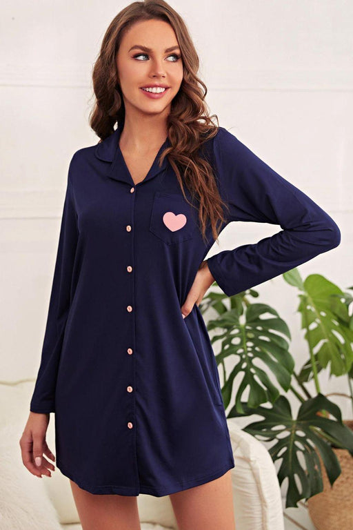 Heart Graphic Lapel Collar Night Shirt Dress with Pockets