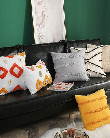 Chic Yellow and Grey Embroidered Cotton Pillow Cover with Tassel Accents