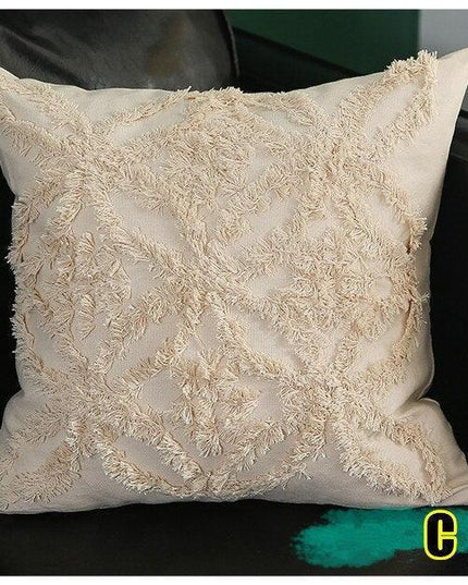 Chic Yellow and Grey Embroidered Cotton Pillow Cover with Tassel Accents