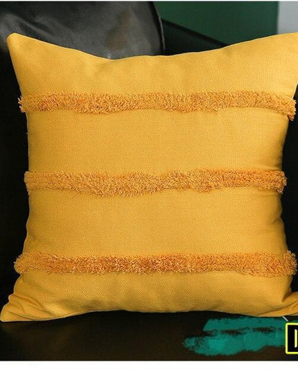 Chic Yellow and Grey Embroidered Cotton Pillow Cover with Tassel Accents