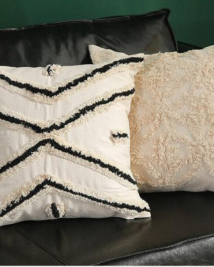 Chic Yellow and Grey Embroidered Cotton Pillow Cover with Tassel Accents