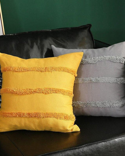 Chic Yellow and Grey Embroidered Cotton Pillow Cover with Tassel Accents