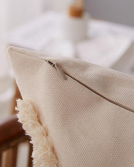 Chic Yellow and Grey Embroidered Cotton Pillow Cover with Tassel Accents