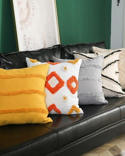 Chic Yellow and Grey Embroidered Cotton Pillow Cover with Tassel Accents