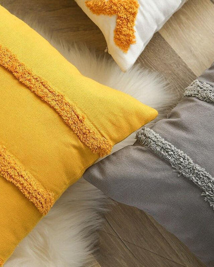 Chic Yellow and Grey Embroidered Cotton Pillow Cover with Tassel Accents
