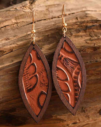 Rustic Western Wood and Leather Geometric Dangle Earrings