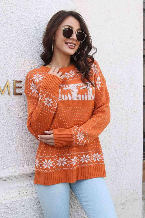 Festive Reindeer & Snowflake Print Pullover with Relaxed Dropped Shoulders