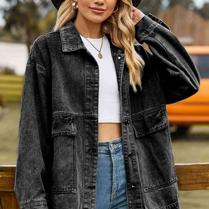 Trendy Oversized Denim Coat with Stylish Collar and Functional Pockets