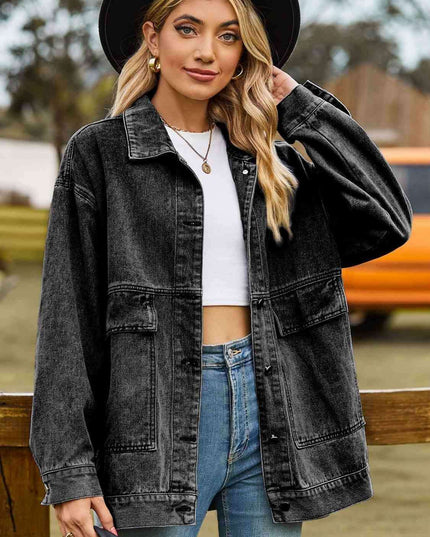 Trendy Oversized Denim Coat with Stylish Collar and Functional Pockets